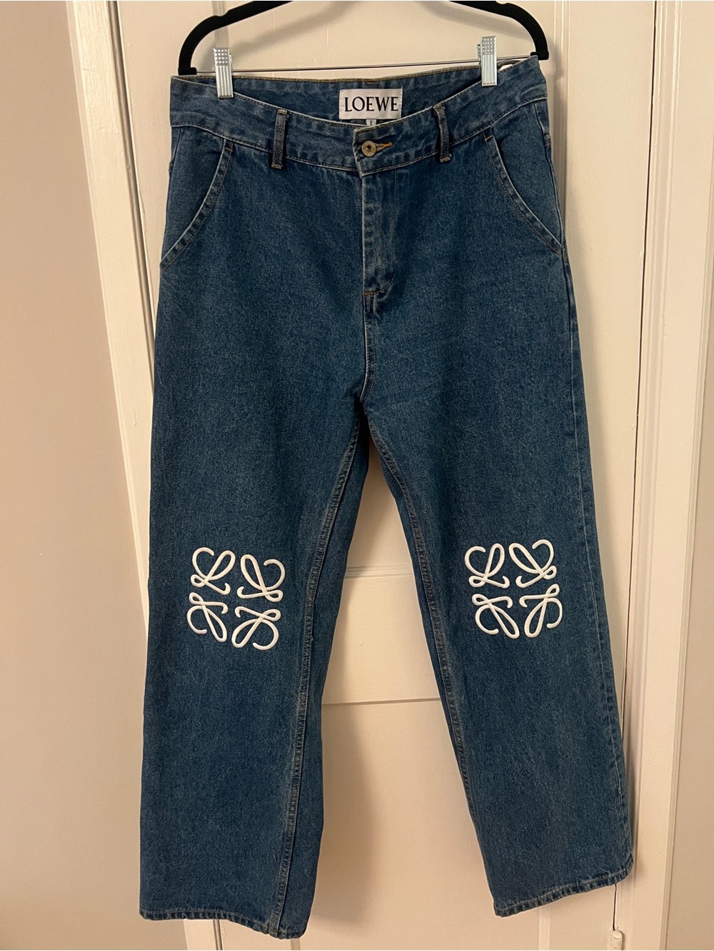 Loewe Dark Blue Straight-Leg Jeans with White Logo Knees
